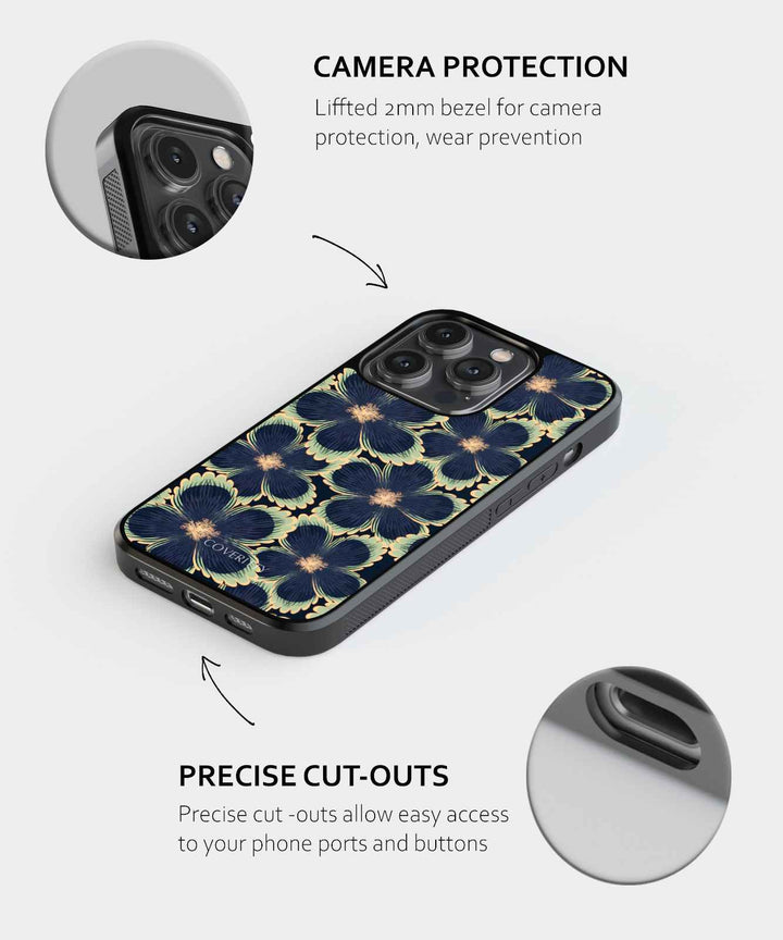 Phone case with floral design and text highlighting camera protection and precise cut-outs.