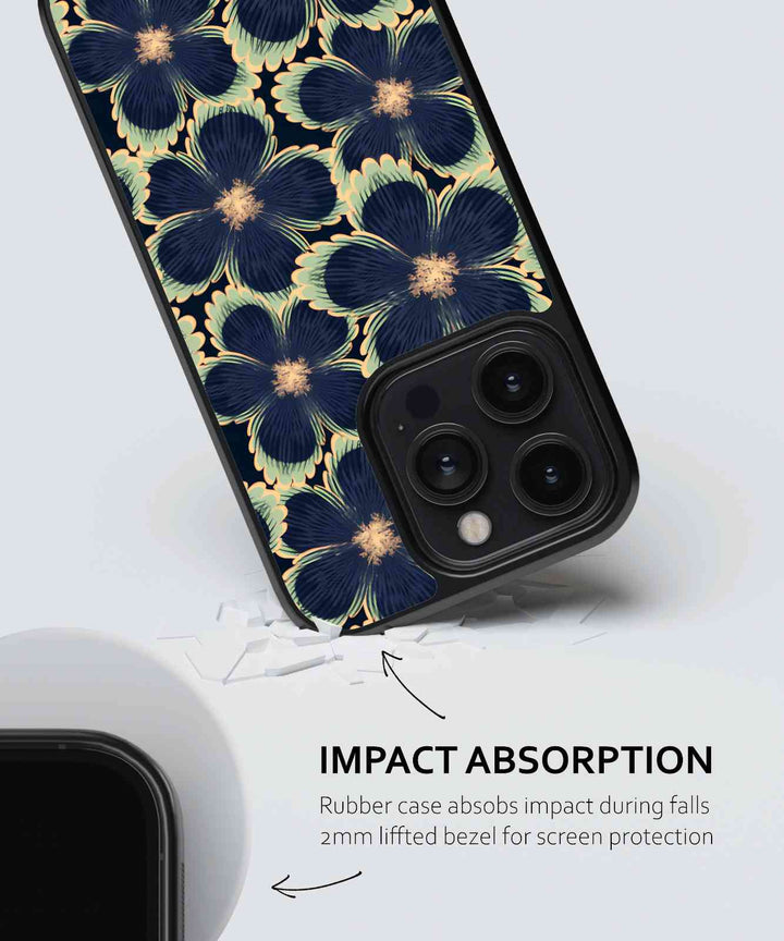 Phone case with floral pattern and impact absorption features on a light gray background