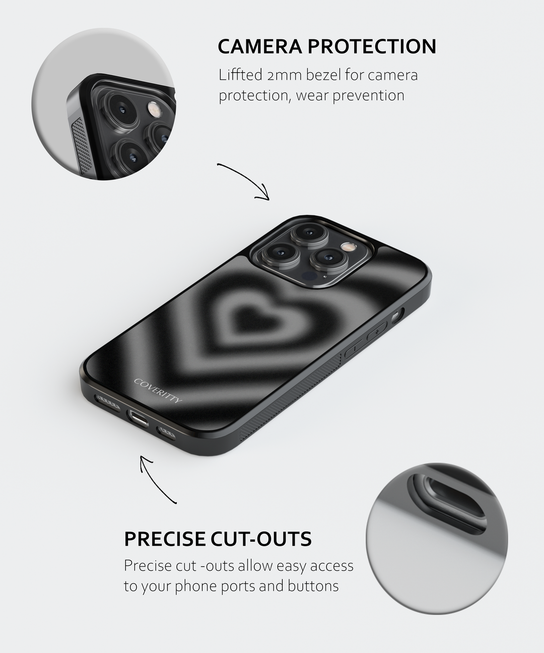 Phone case with camera protection and precise cut-outs on a white background