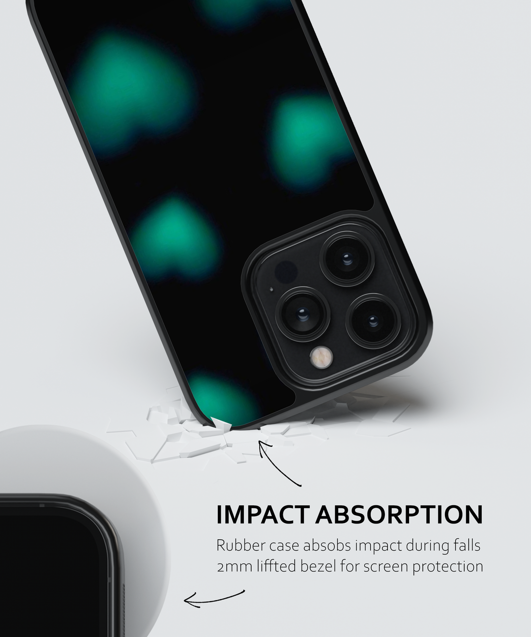 Phone case with impact absorption feature on a light gray background