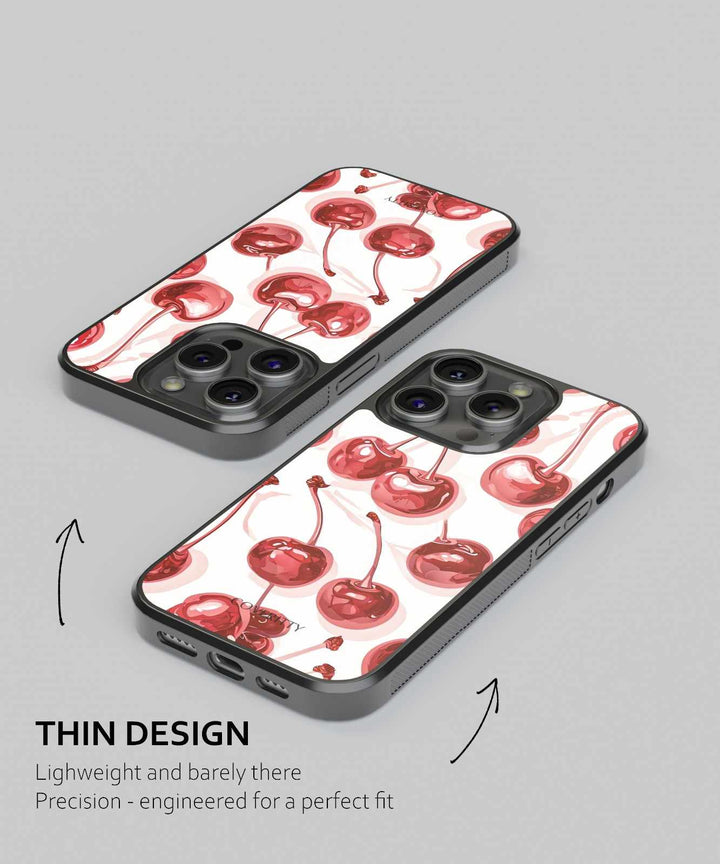 Phone case with cherry pattern on a gray background