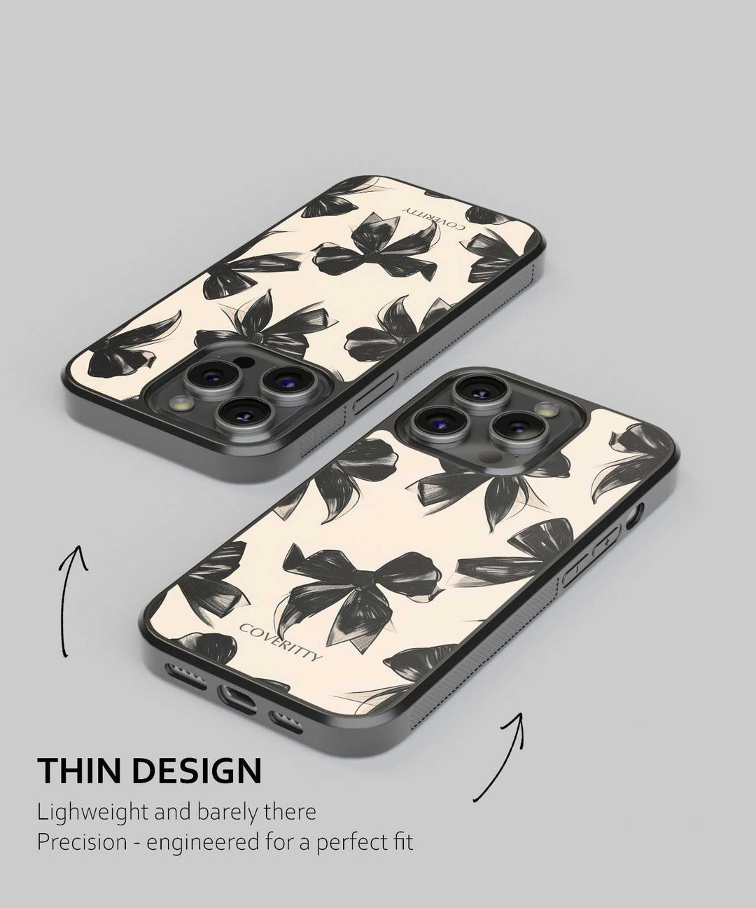 Two phone cases with black floral pattern on a gray background