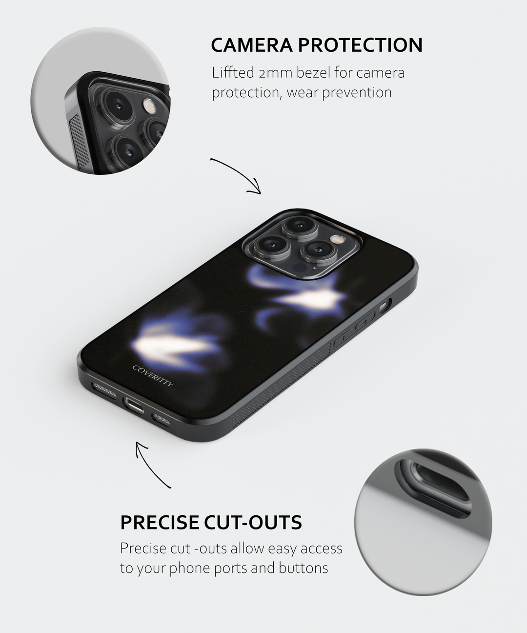 Phone case with camera protection and precise cut-outs on a white background