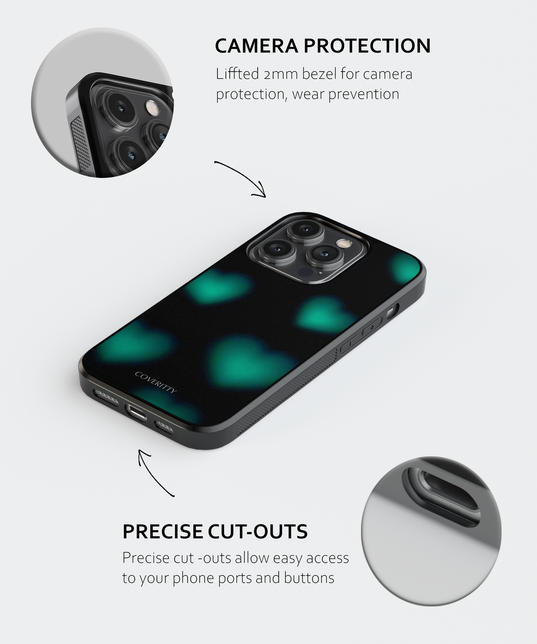 Phone case with camera protection and precise cut-outs on a white background Coveritty brand protective case