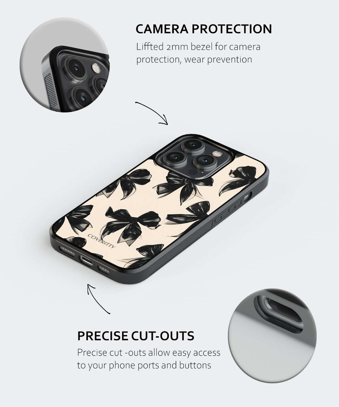 Phone case with bow pattern and camera protection features on a white background