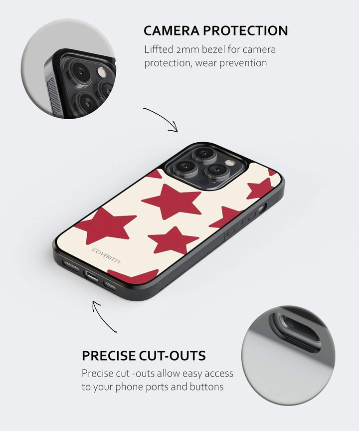 Phone case with red star pattern and camera protection feature on a white background