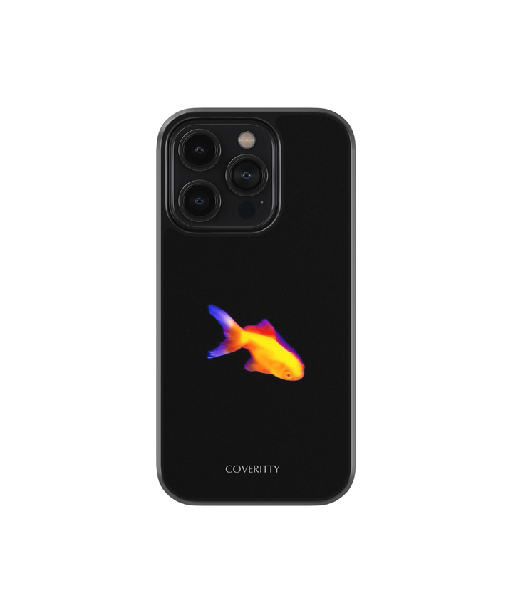 Protective black smartphone case featuring vibrant tropical fish pattern and 'COVERITTY' logo, slim shock-absorbent cover for various phone models