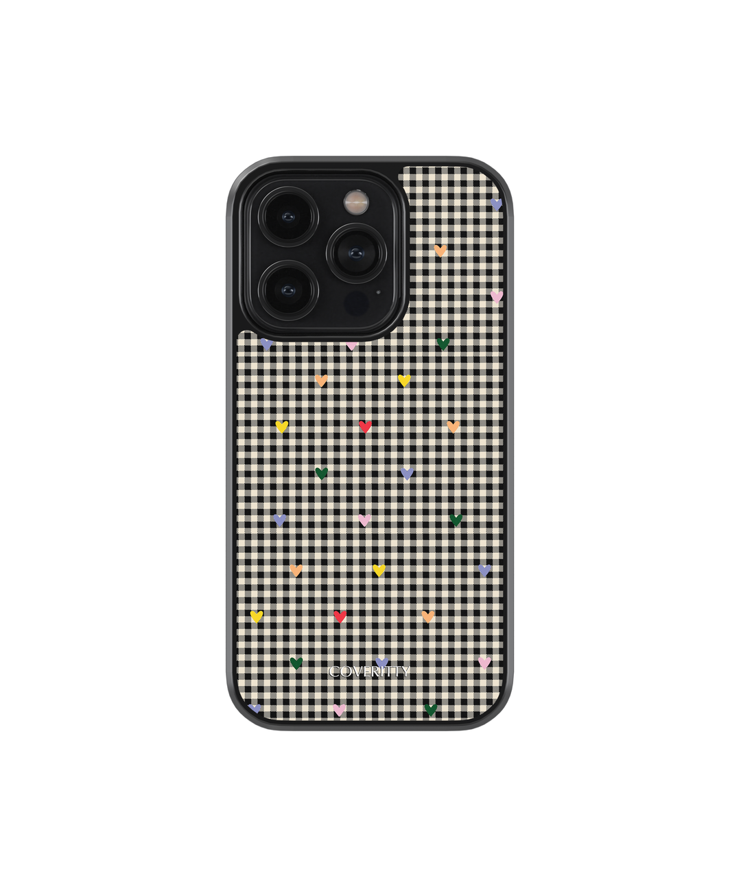 A stylish phone case with a geometric pattern featuring a grid design in black and white with colorful dots.