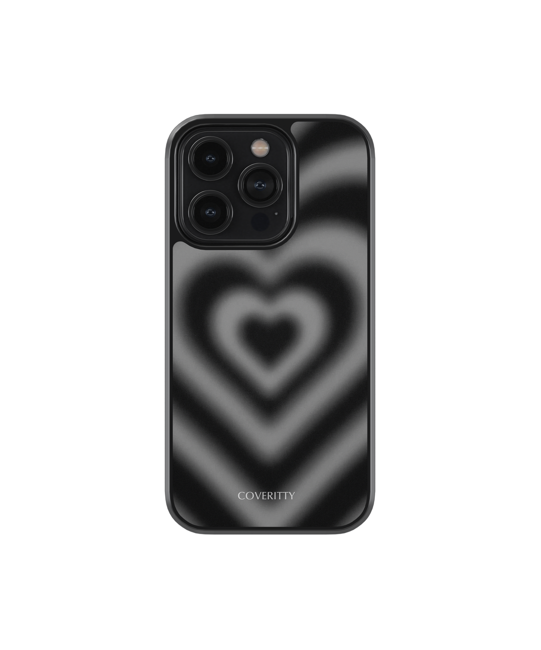 Phone case with heart design and 'COVERITY' branding on a white background