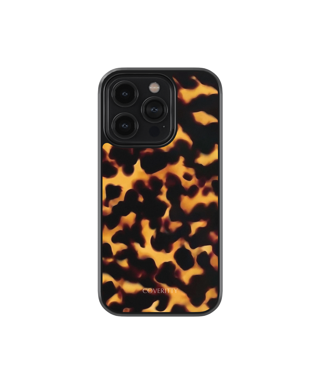 A phone case with a tortoise shell pattern in pink and black colors.