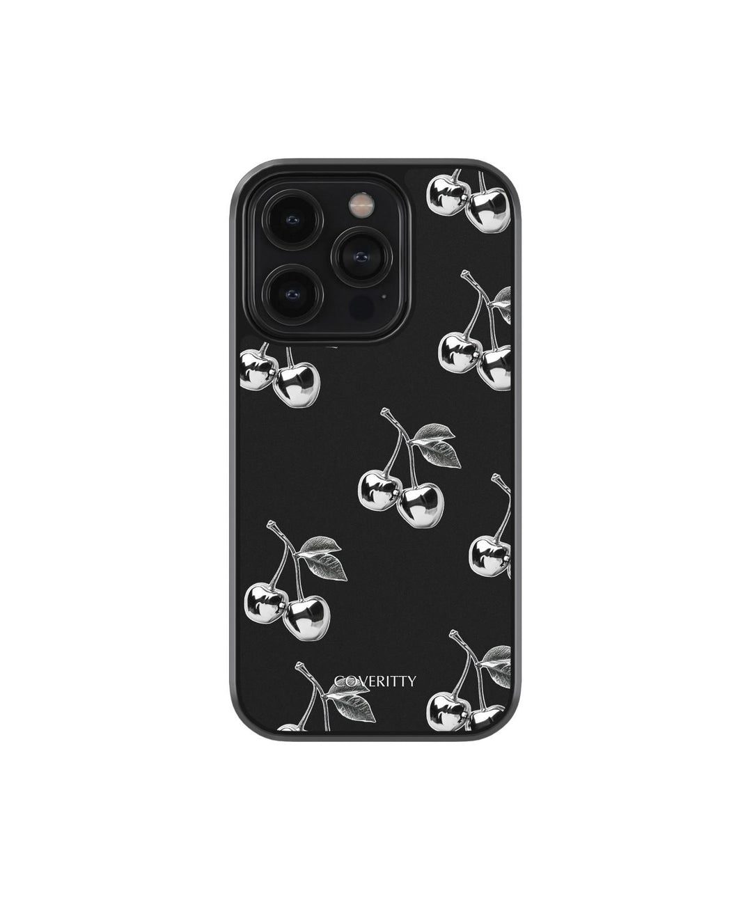 Black phone case with silver cherry designs on a white background
