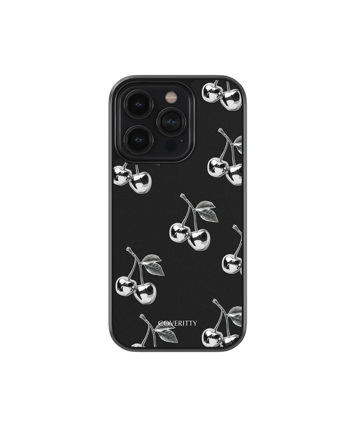 Black phone case with silver cherry designs on a white background