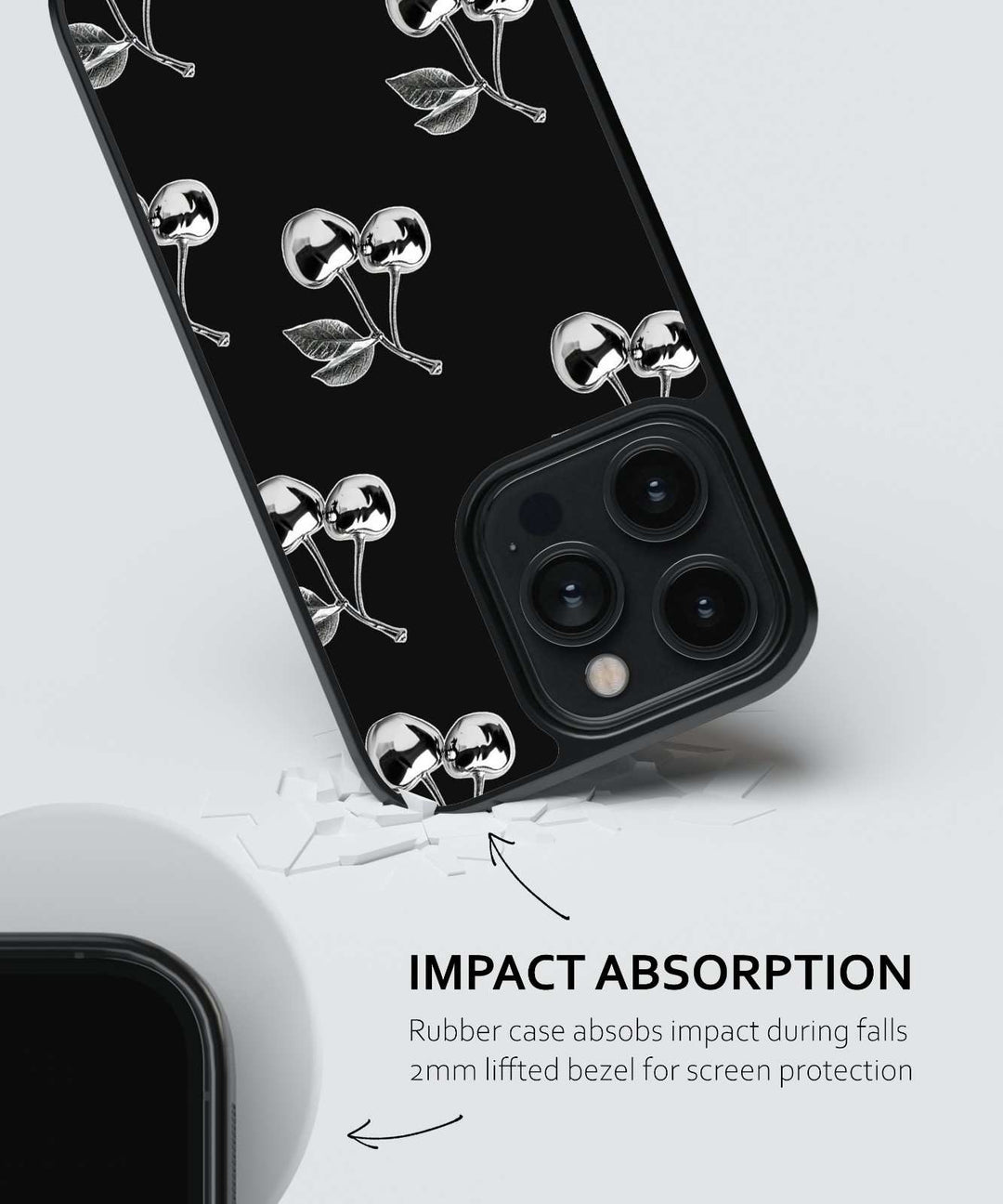 Phone case with cherry design on a white background