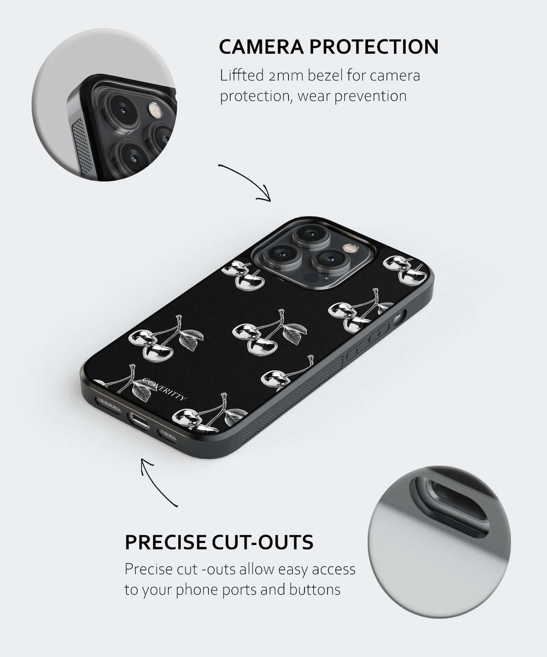 Phone case with camera protection and precise cut-outs on a white background
