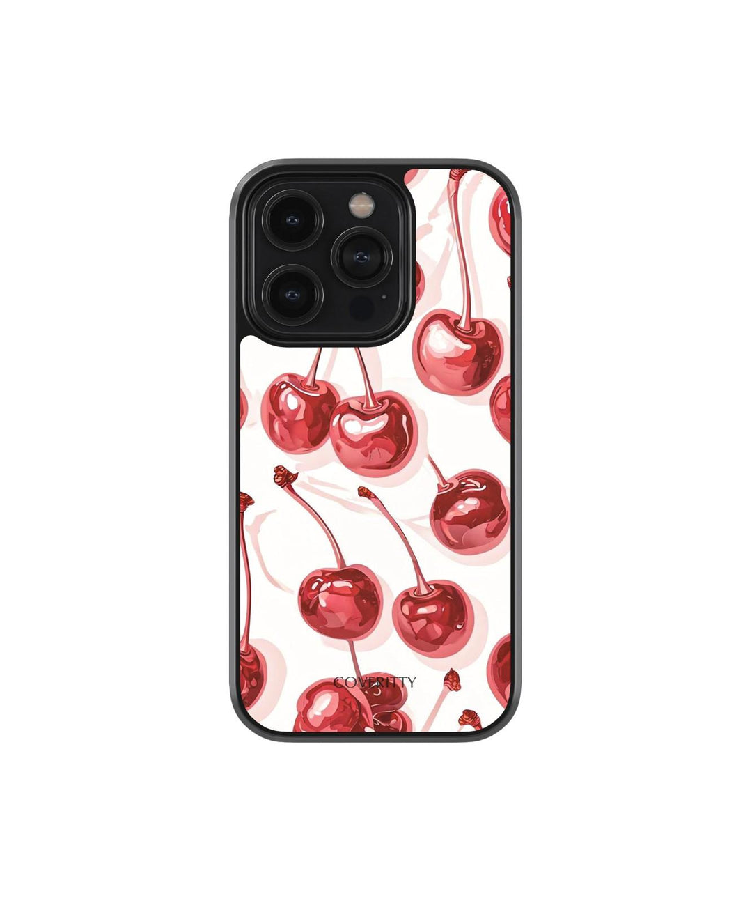 Phone case with red cherry design on a white background