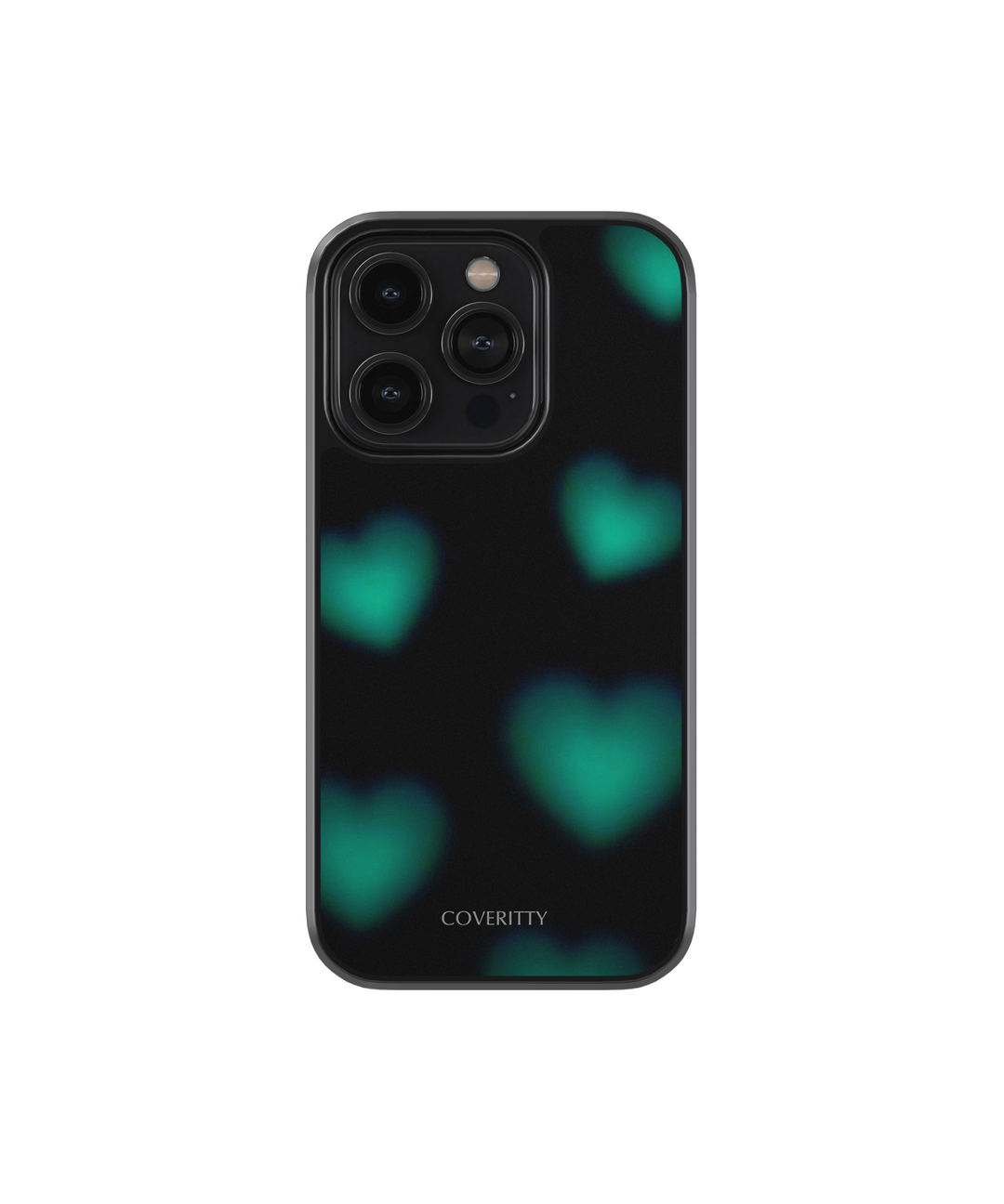 Phone case with green heart pattern on a black background, featuring the brand 'Coverity'.