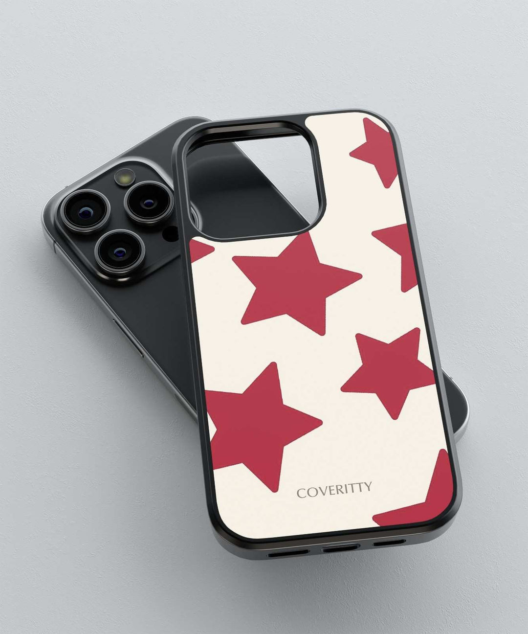 Phone case with red star pattern and 'COVERITTY' branding on a gray background