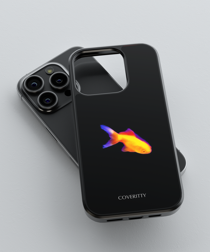 Black slim phone case with colorful fish artwork and 'COVERITTY' branding, lightweight protective cover compatible with iPhone and Samsung models