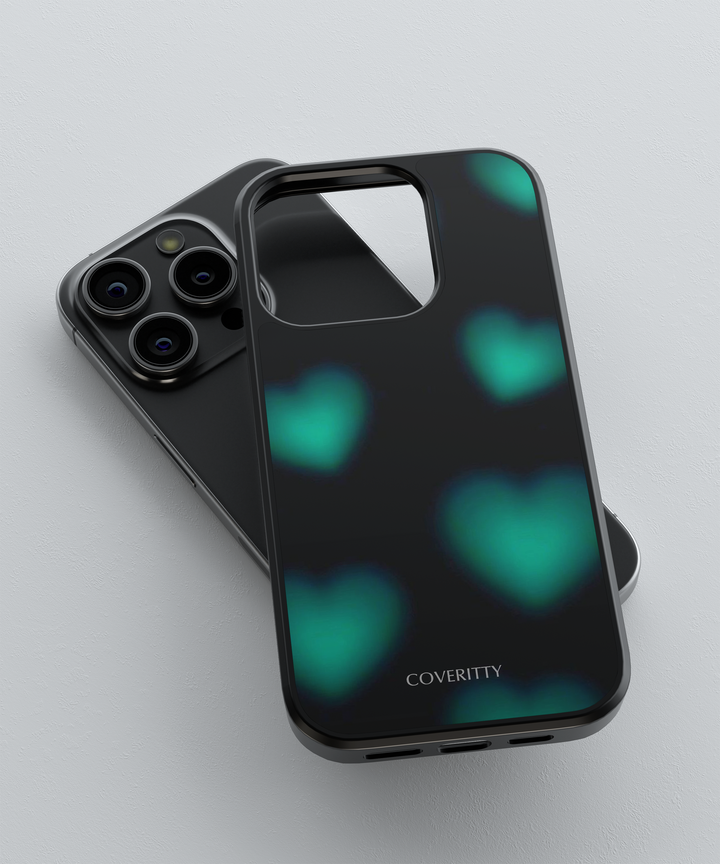 Phone case with heart-shaped lights and 'COVERITTY' branding on a light gray background