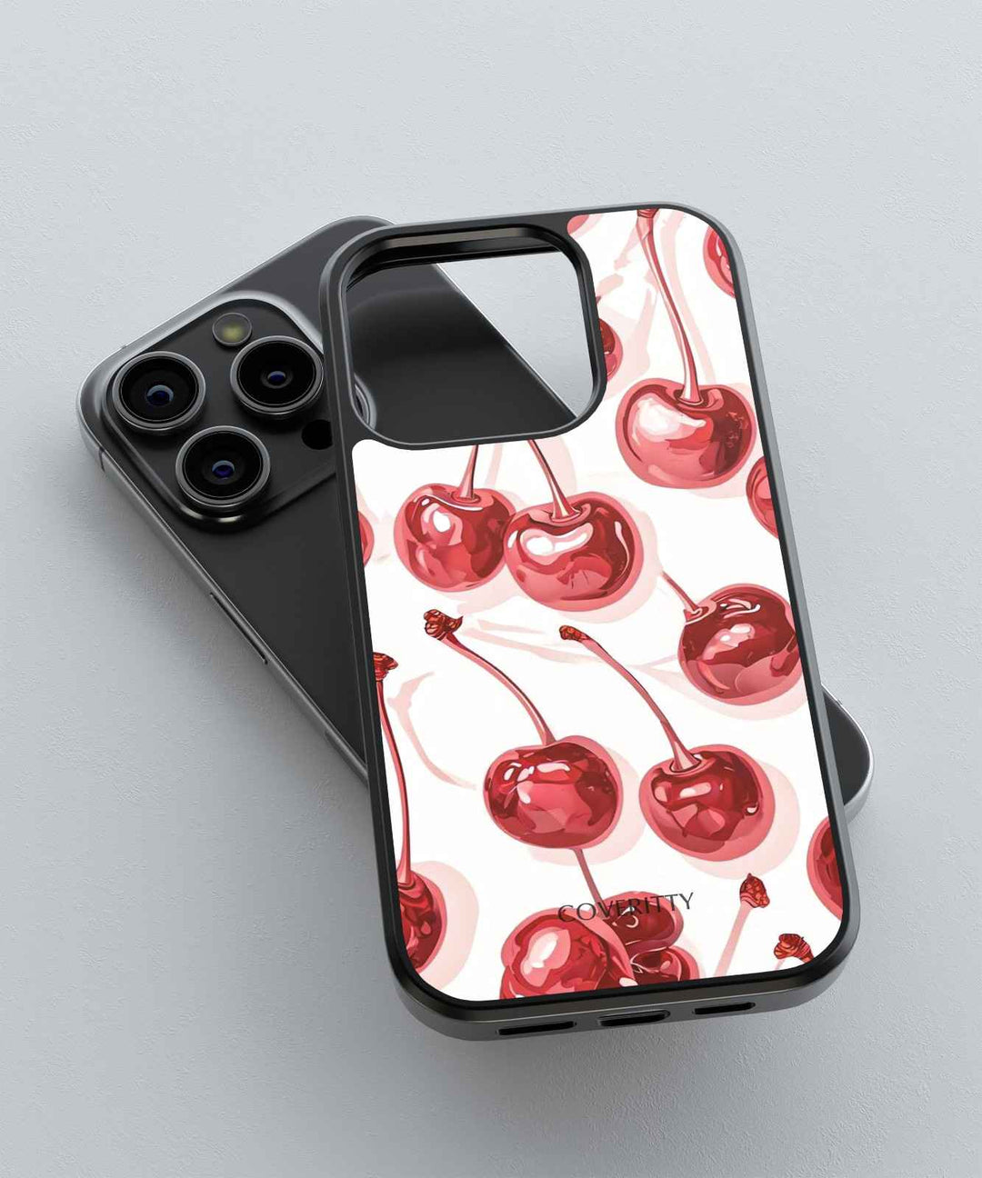 Phone case with cherry pattern on a gray background