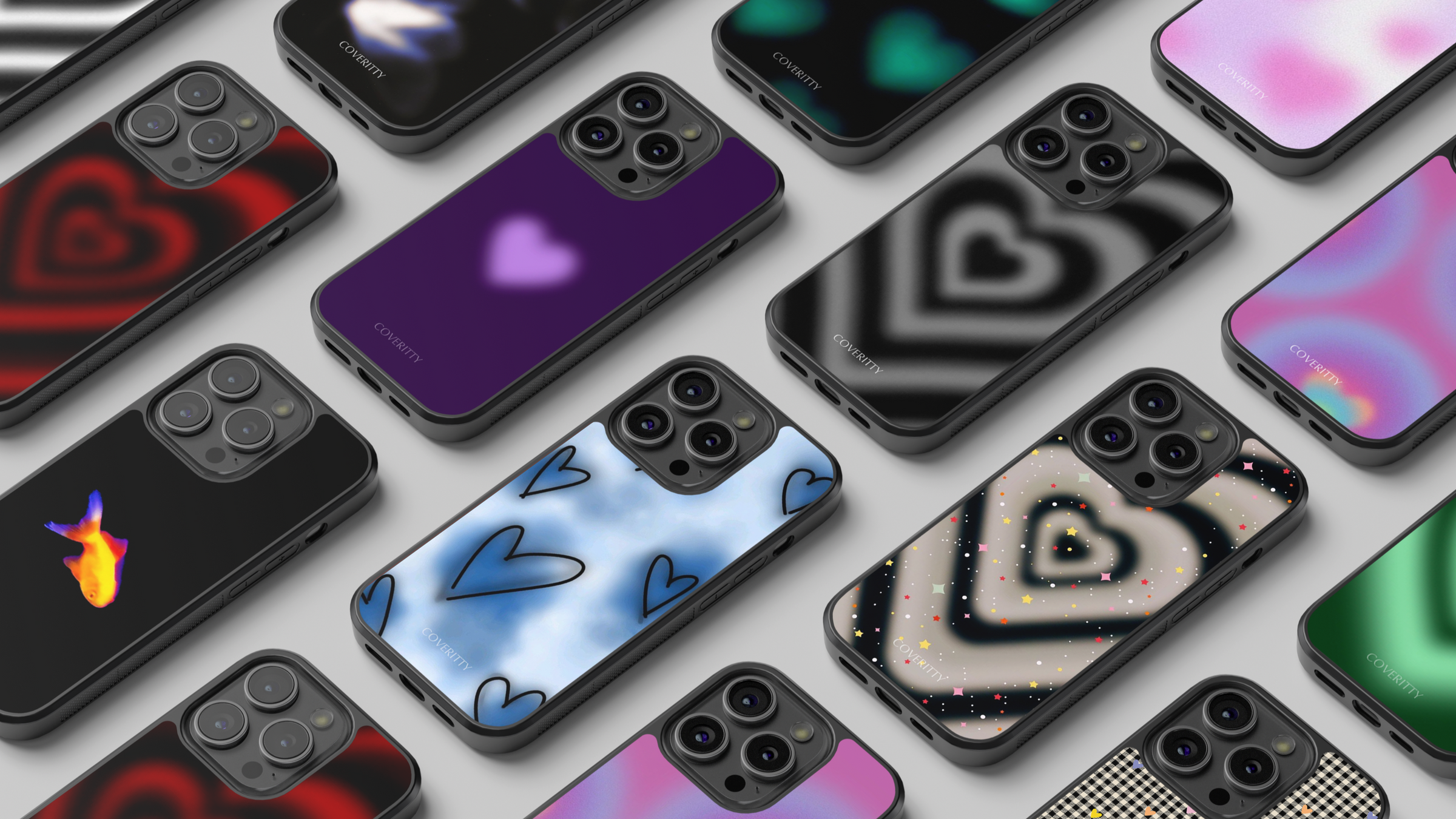 Colorful abstract banner with modern shapes and sale announcement text, designed for COVERITTY phone case shop