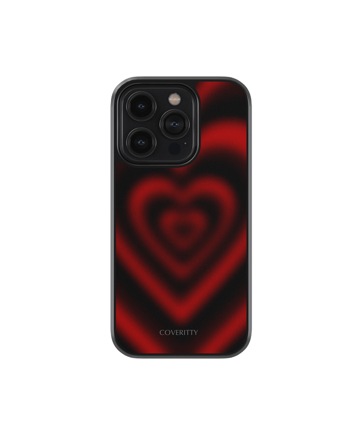 Phone case with red heart design and 'COVERTITY' branding on a white background