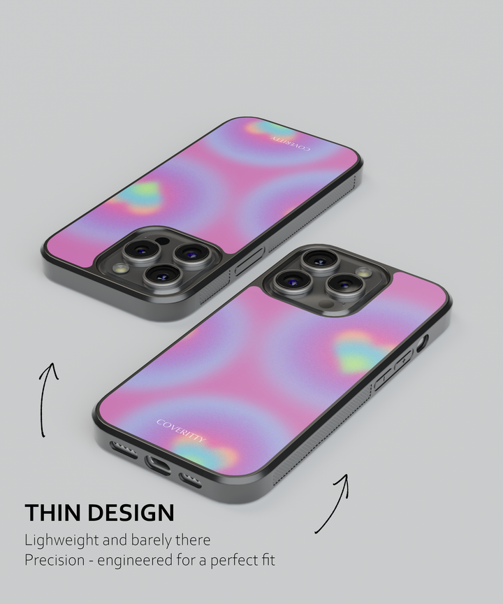 Modern abstract phone case with bright multicolor design over white background, shock-resistant slim cover for popular smartphone