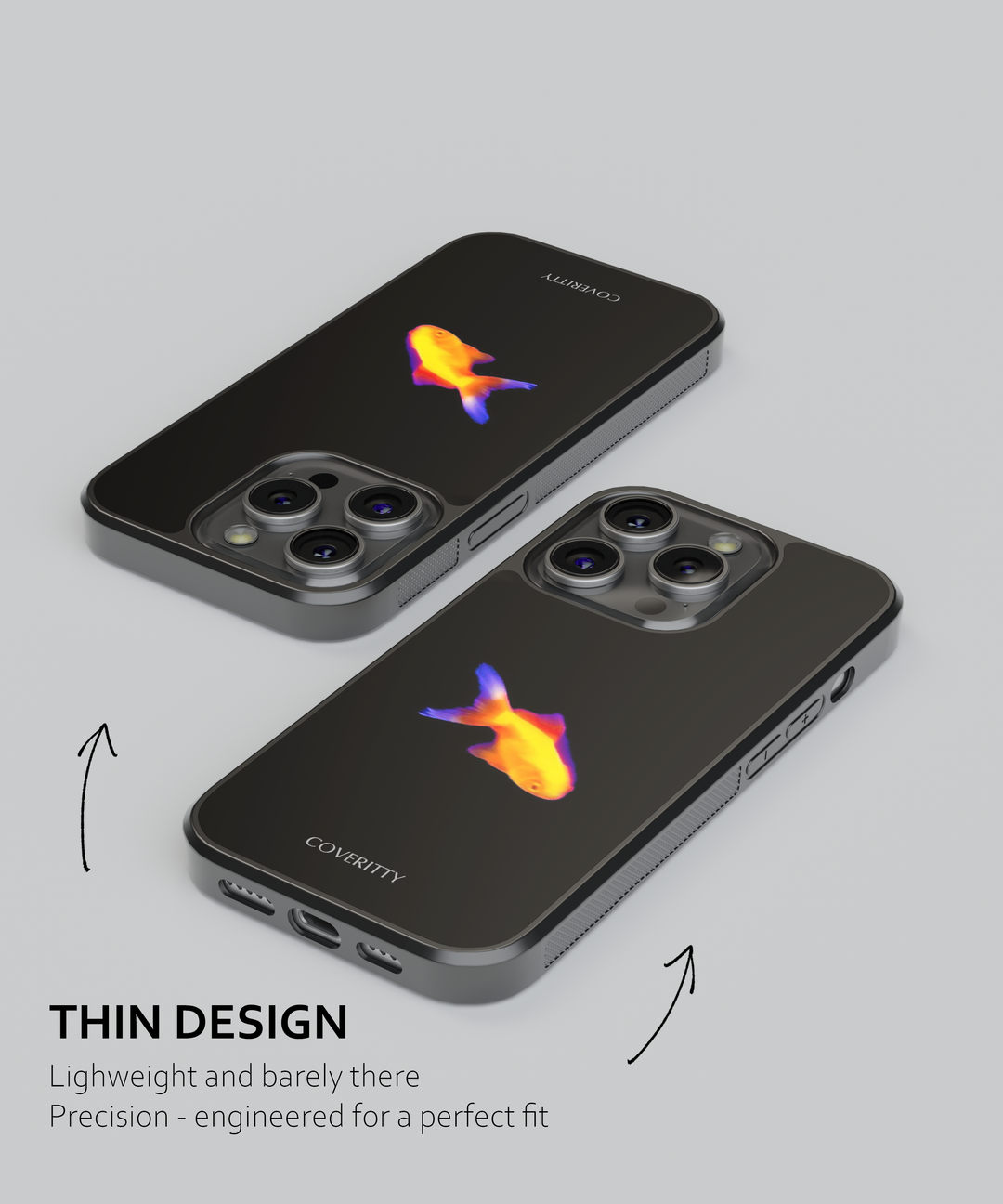 Durable black smartphone cover featuring colorful fish motif and 'COVERITTY' logo, slim shockproof case for popular phone models