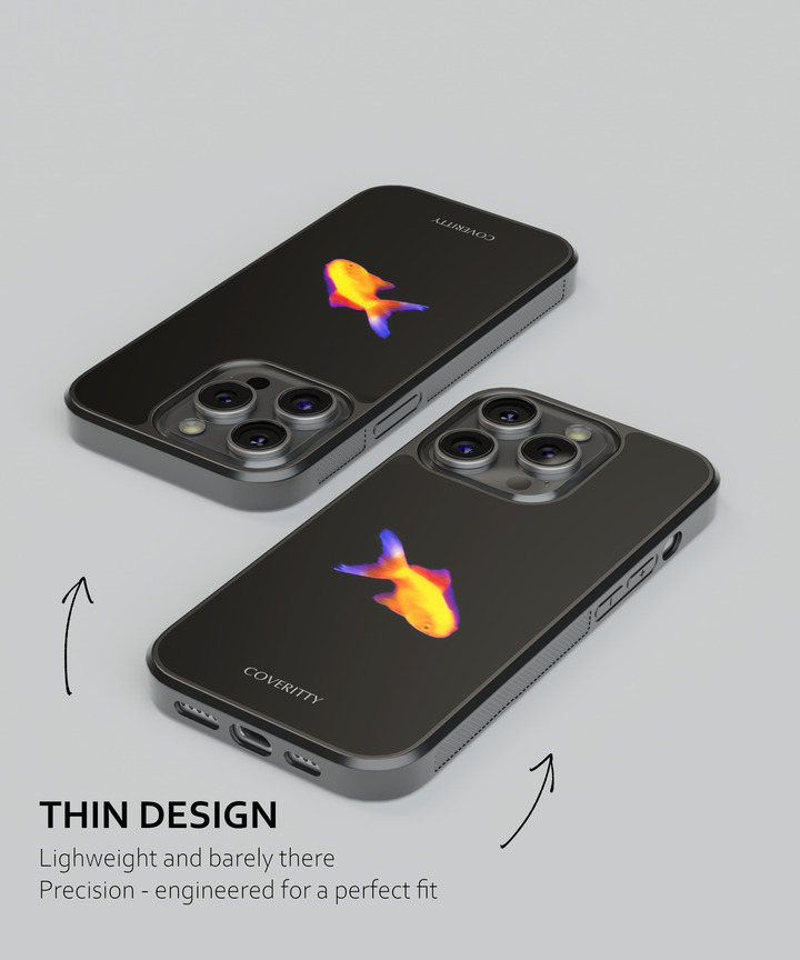 Durable black smartphone cover featuring colorful fish motif and 'COVERITTY' logo, slim shockproof case for popular phone models