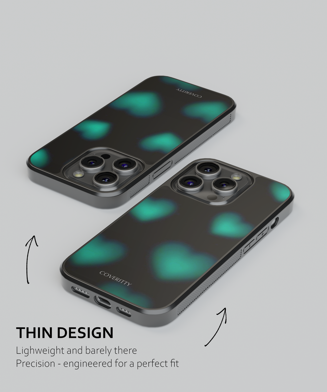 Two phone cases with green accents on a gray background Coveritty logo trendy cases