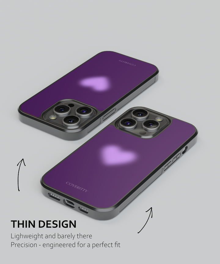 Purple phone case with heart design on a gray background
