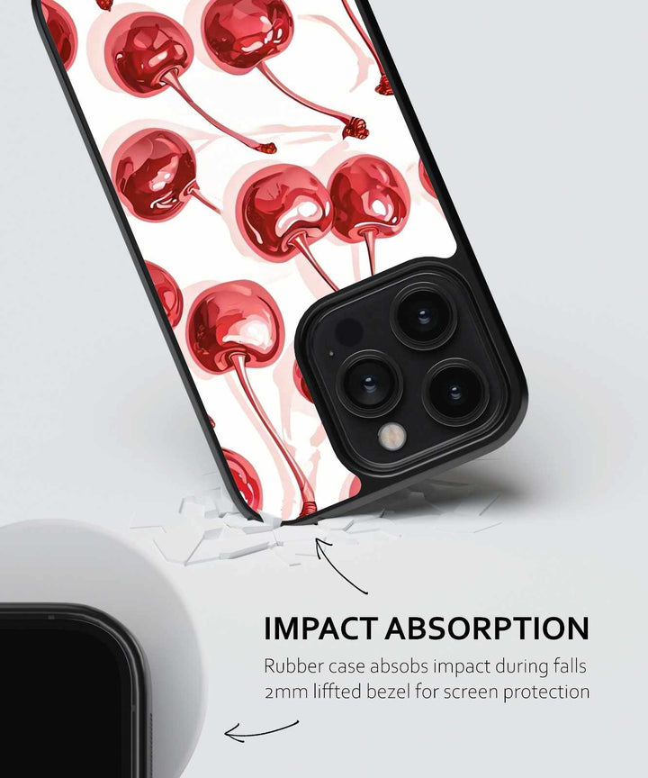 Phone case with cherry pattern and impact absorption features on a white background