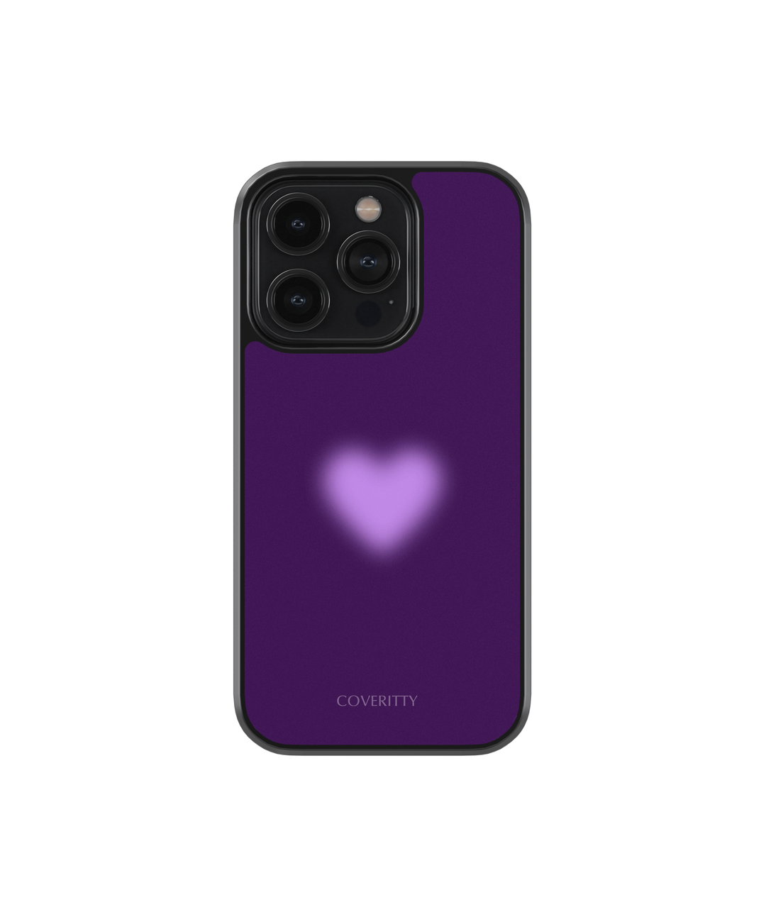 Phone case with a purple heart design and 'COVERITTY' branding on a white background